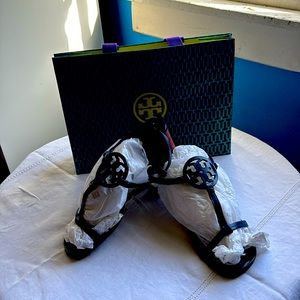 Tory Burch Sandals open toe dark blue 3inch beige heals wide